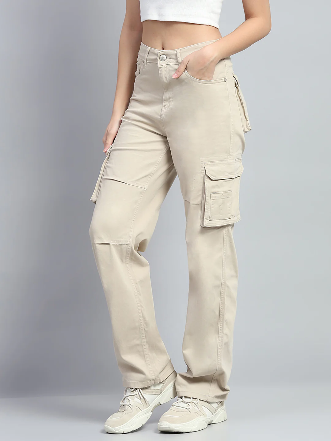 Women Beige Solid Regular Fit Cargo - Image 3