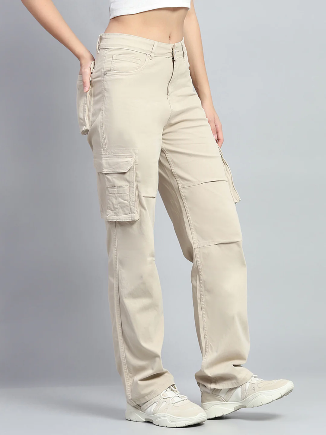 Women Beige Solid Regular Fit Cargo - Image 4