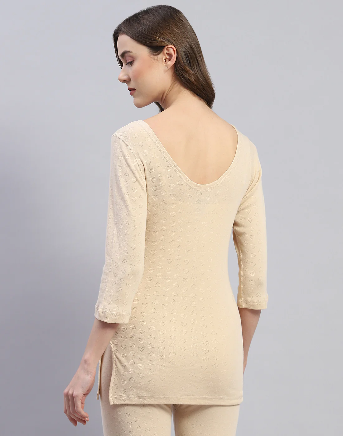 Women Beige Solid Round Neck 3/4 Sleeve Thermal Vest - Image 5