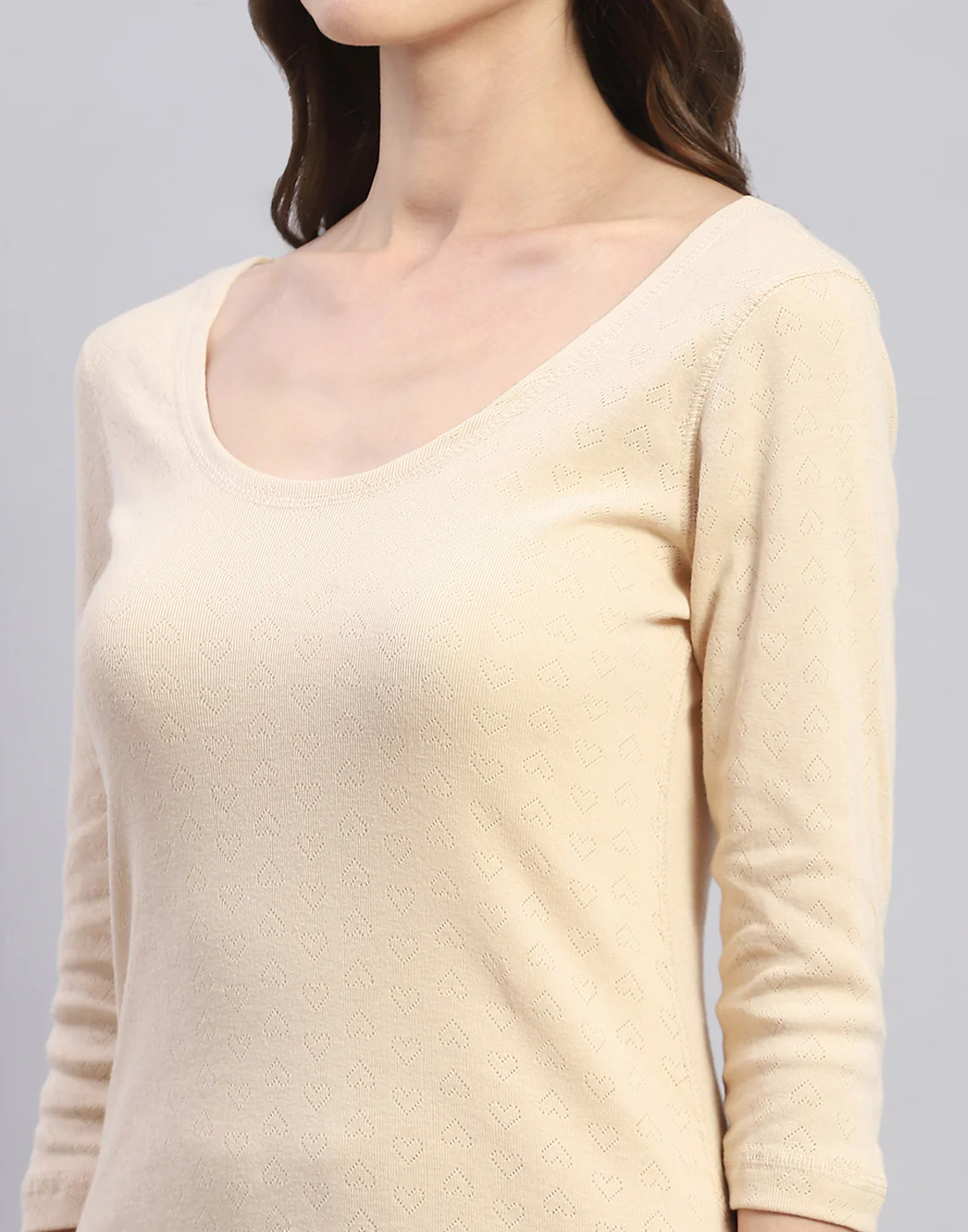 Women Beige Solid Round Neck 3/4 Sleeve Thermal Vest - Image 6