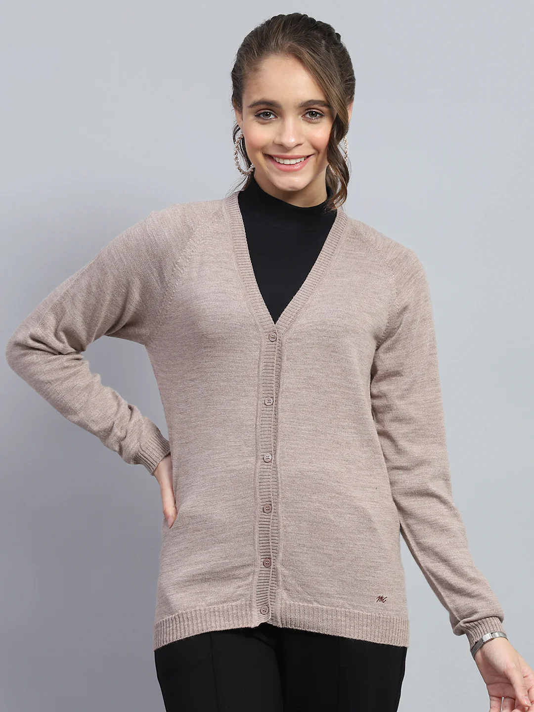 Women Beige Solid Round Neck Full Sleeve Cardigan - Image 2
