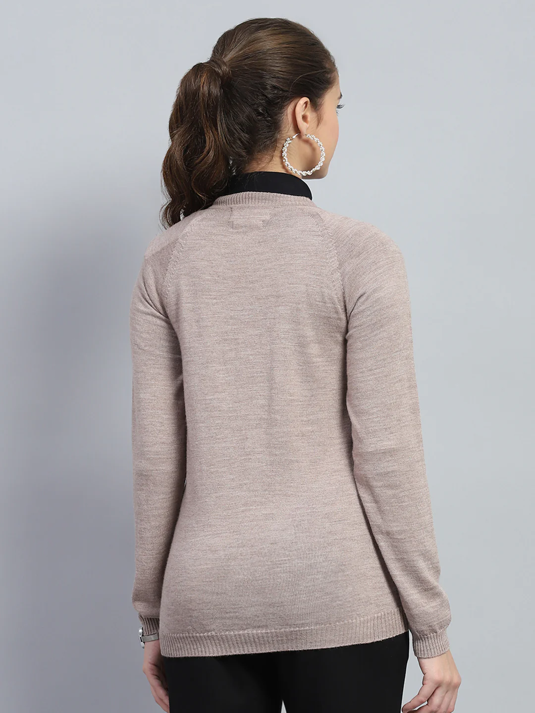 Women Beige Solid Round Neck Full Sleeve Cardigan - Image 5