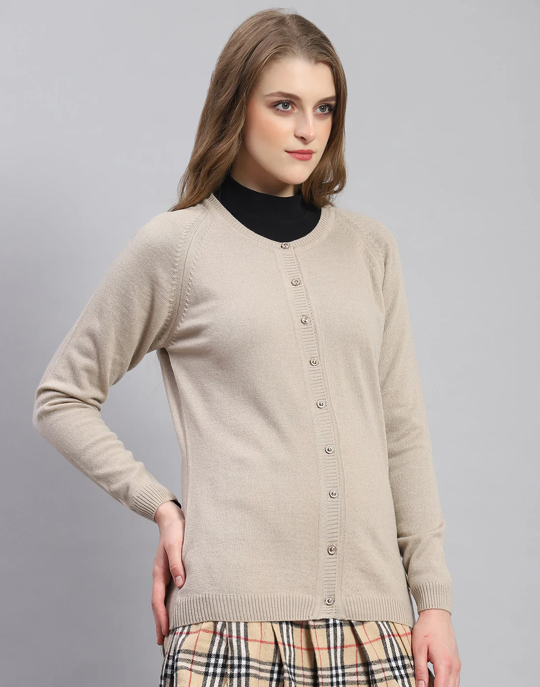 Women Beige Solid Round Neck Full Sleeve Cardigan - Image 4