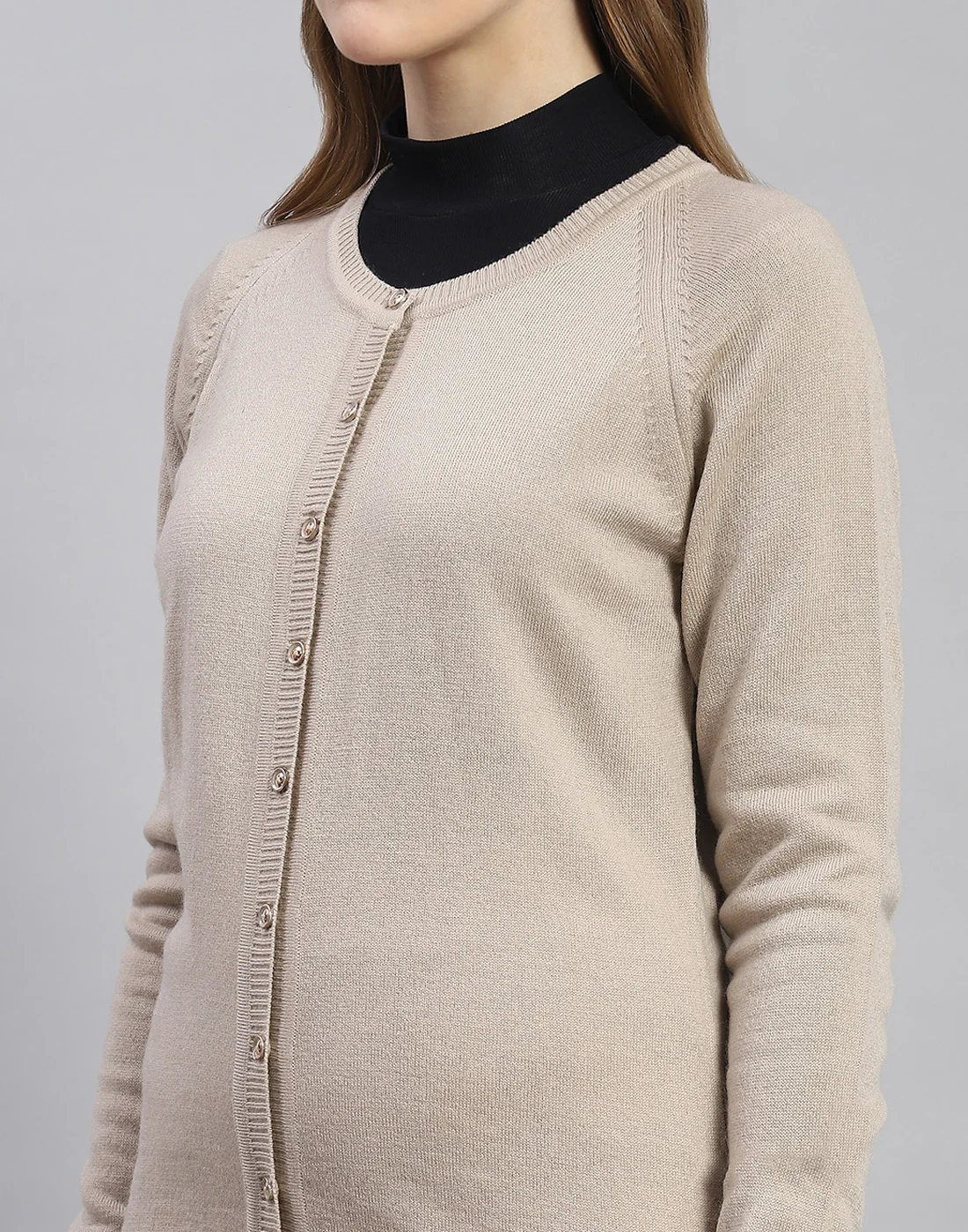 Women Beige Solid Round Neck Full Sleeve Cardigan - Image 6