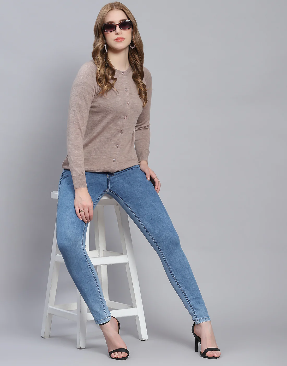 Women Beige Solid Round Neck Full Sleeve Cardigan