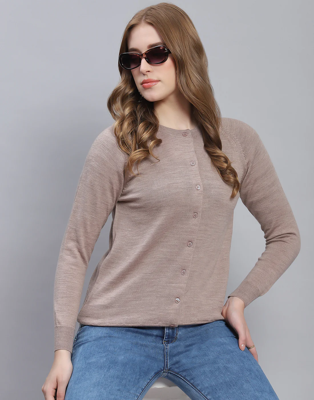 Women Beige Solid Round Neck Full Sleeve Cardigan - Image 2