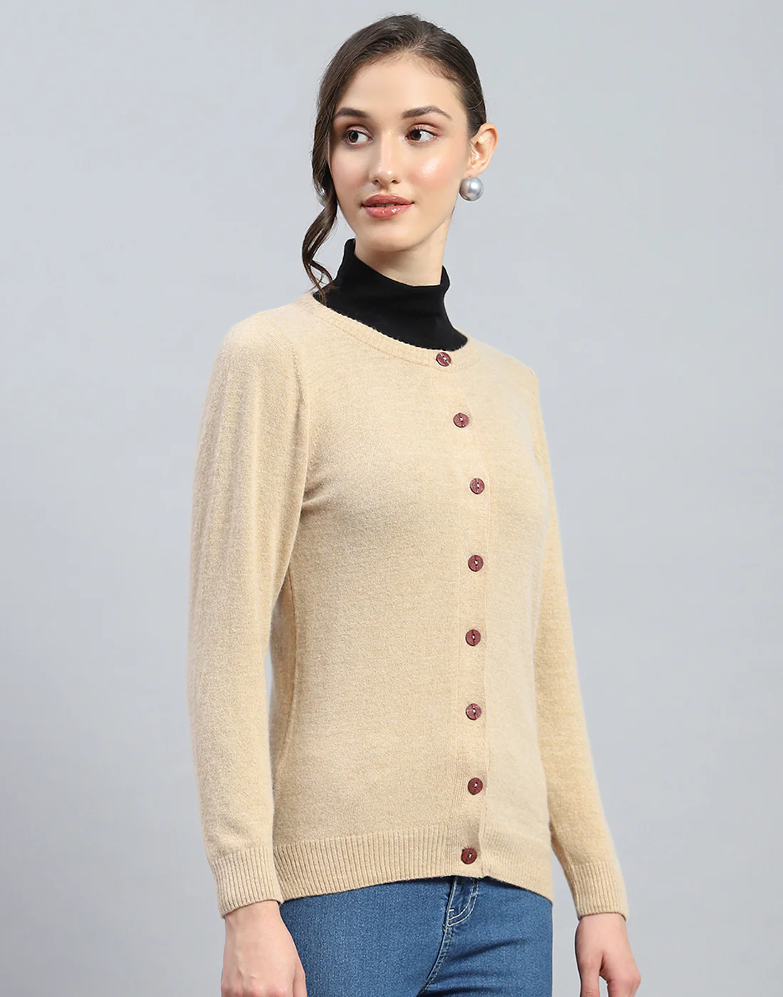 Women Beige Solid Round Neck Full Sleeve Cardigan - Image 4