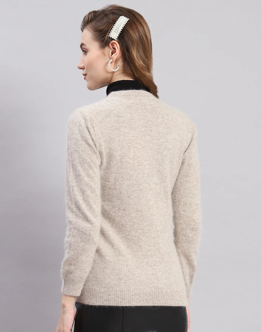 Women Beige Solid Round Neck Full Sleeve Cardigan - Image 5