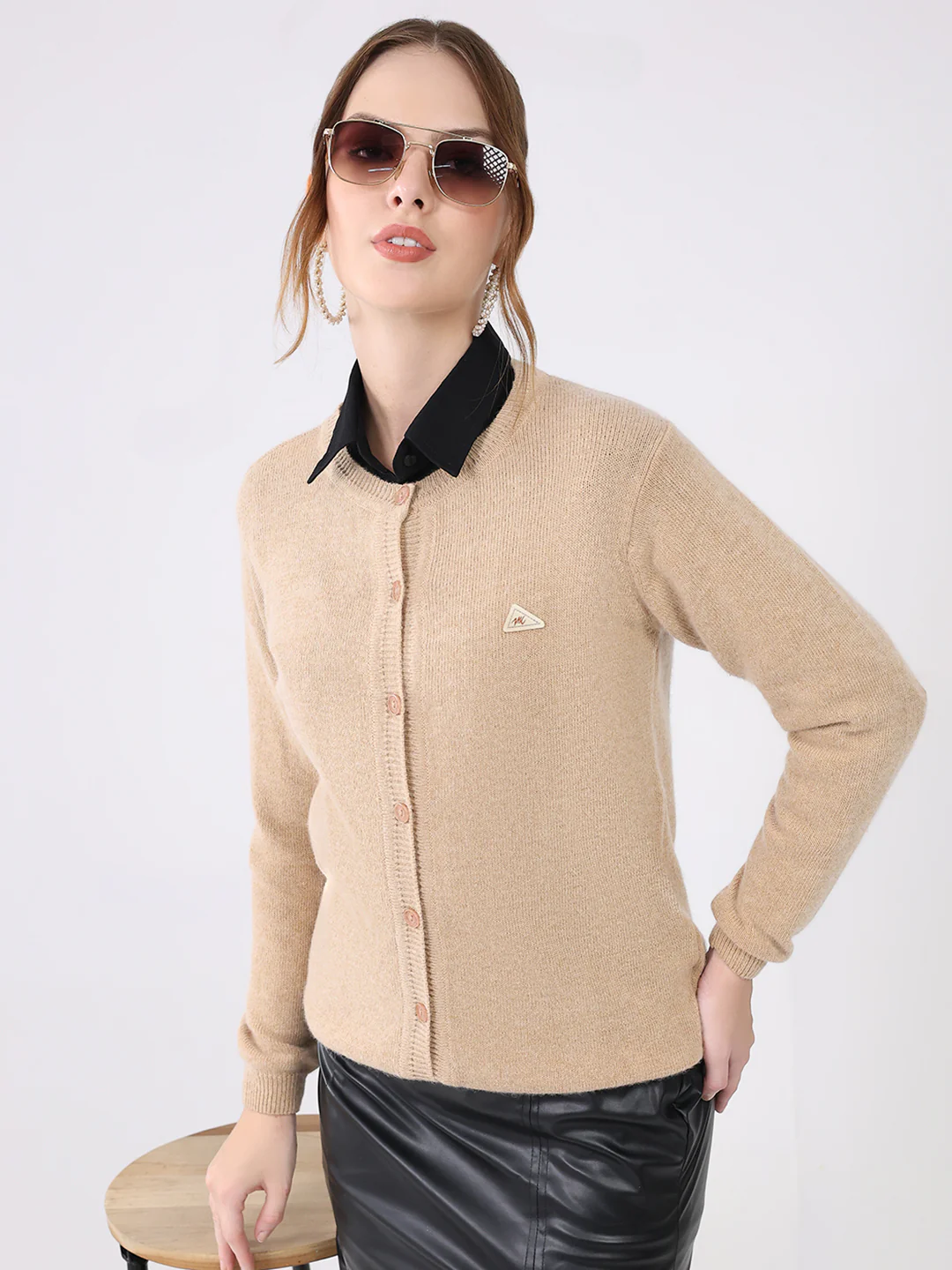 Women Beige Solid Round Neck Full Sleeve Cardigan - Image 6