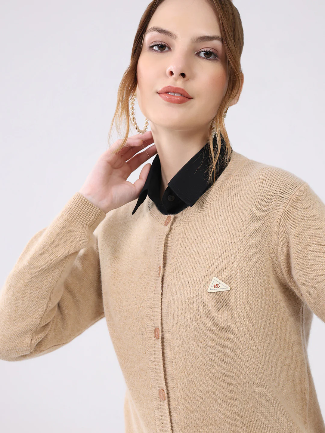 Women Beige Solid Round Neck Full Sleeve Cardigan - Image 7