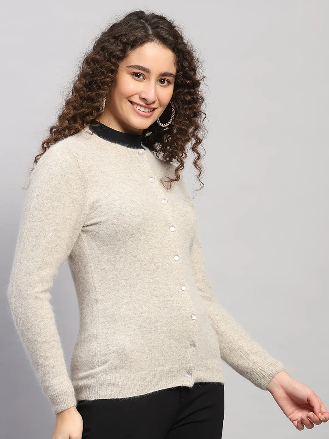 Women Beige Solid Round Neck Full Sleeve Cardigan - Image 4