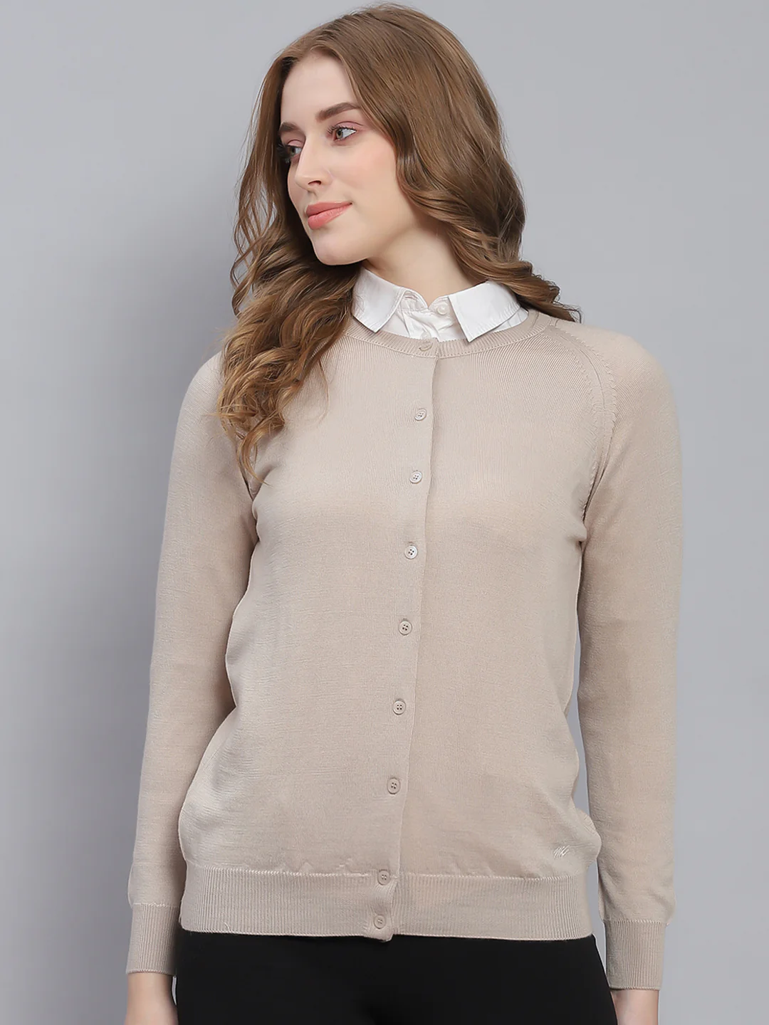 Women Beige Solid Round Neck Full Sleeve Cardigans - Image 3