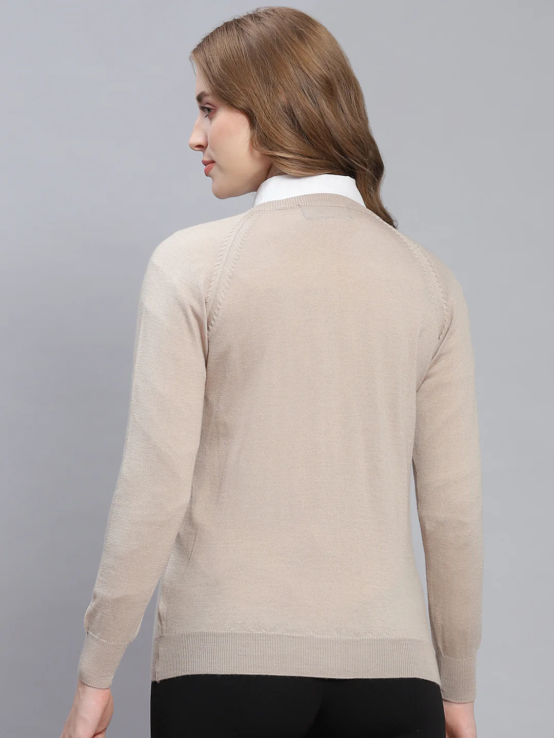 Women Beige Solid Round Neck Full Sleeve Cardigans - Image 5