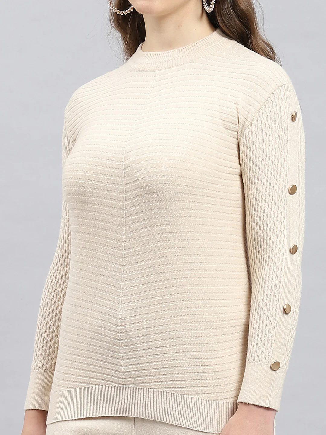 Women Beige Solid Round Neck Full Sleeve Cords Set - Image 6
