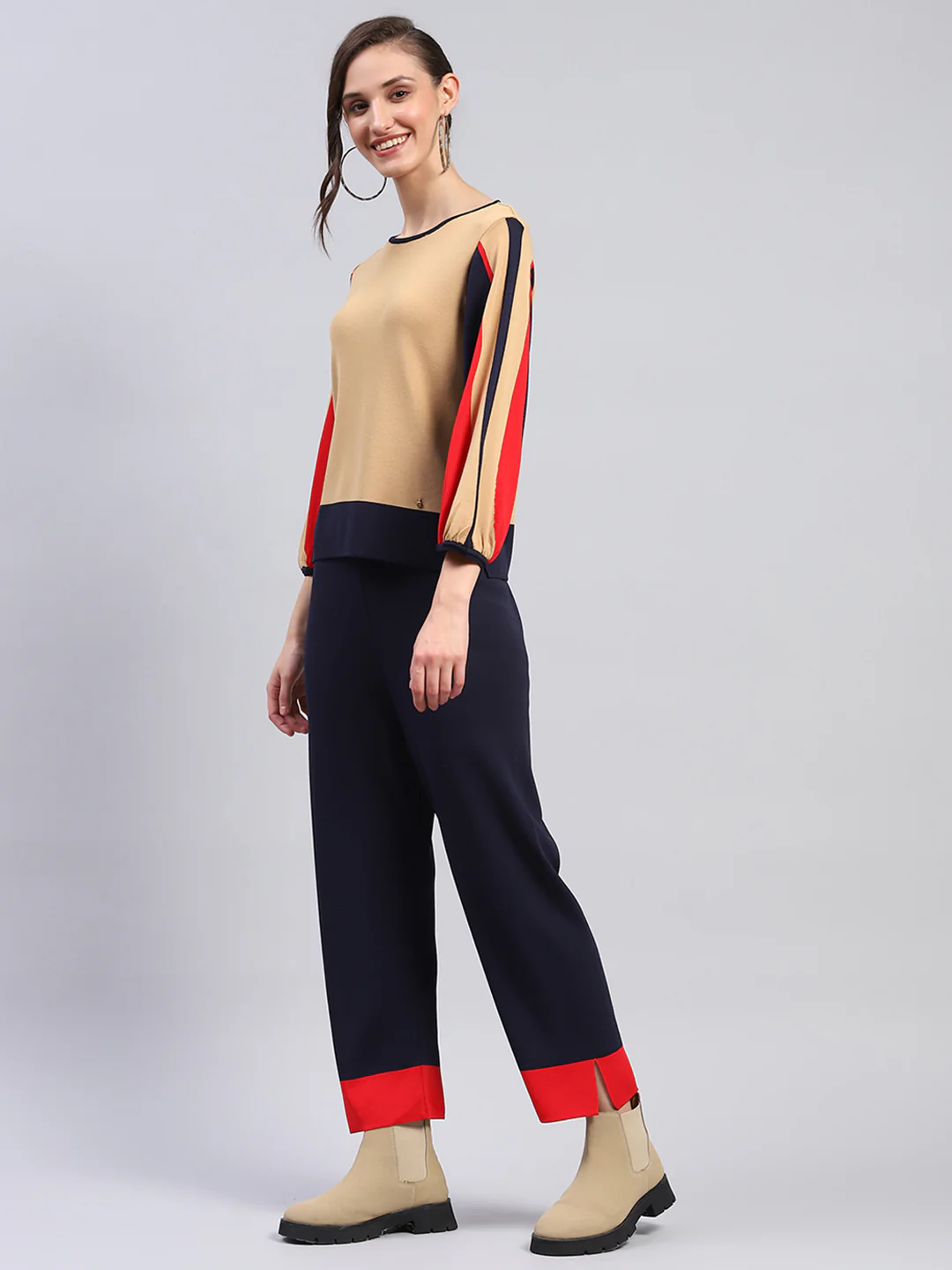 Women Beige Solid Round Neck Full Sleeve Cords Set - Image 4