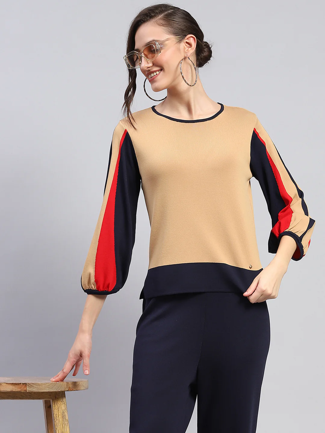 Women Beige Solid Round Neck Full Sleeve Cords Set - Image 6