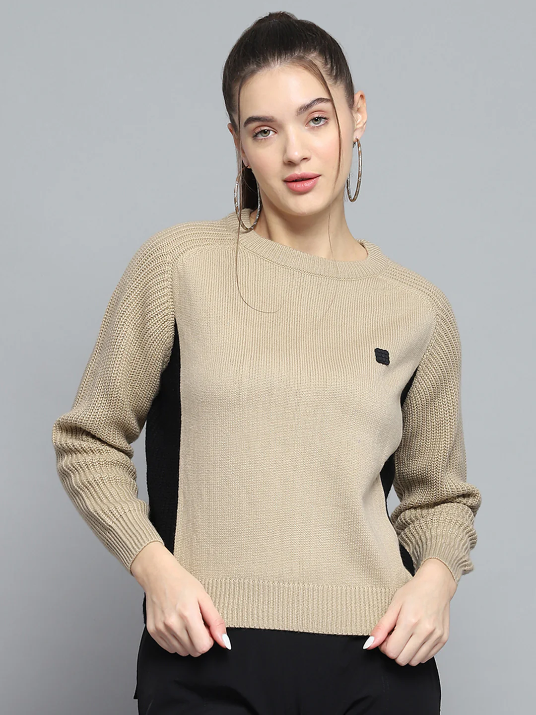 Rock.it Women Beige Solid Round Neck Full Sleeve Pullover