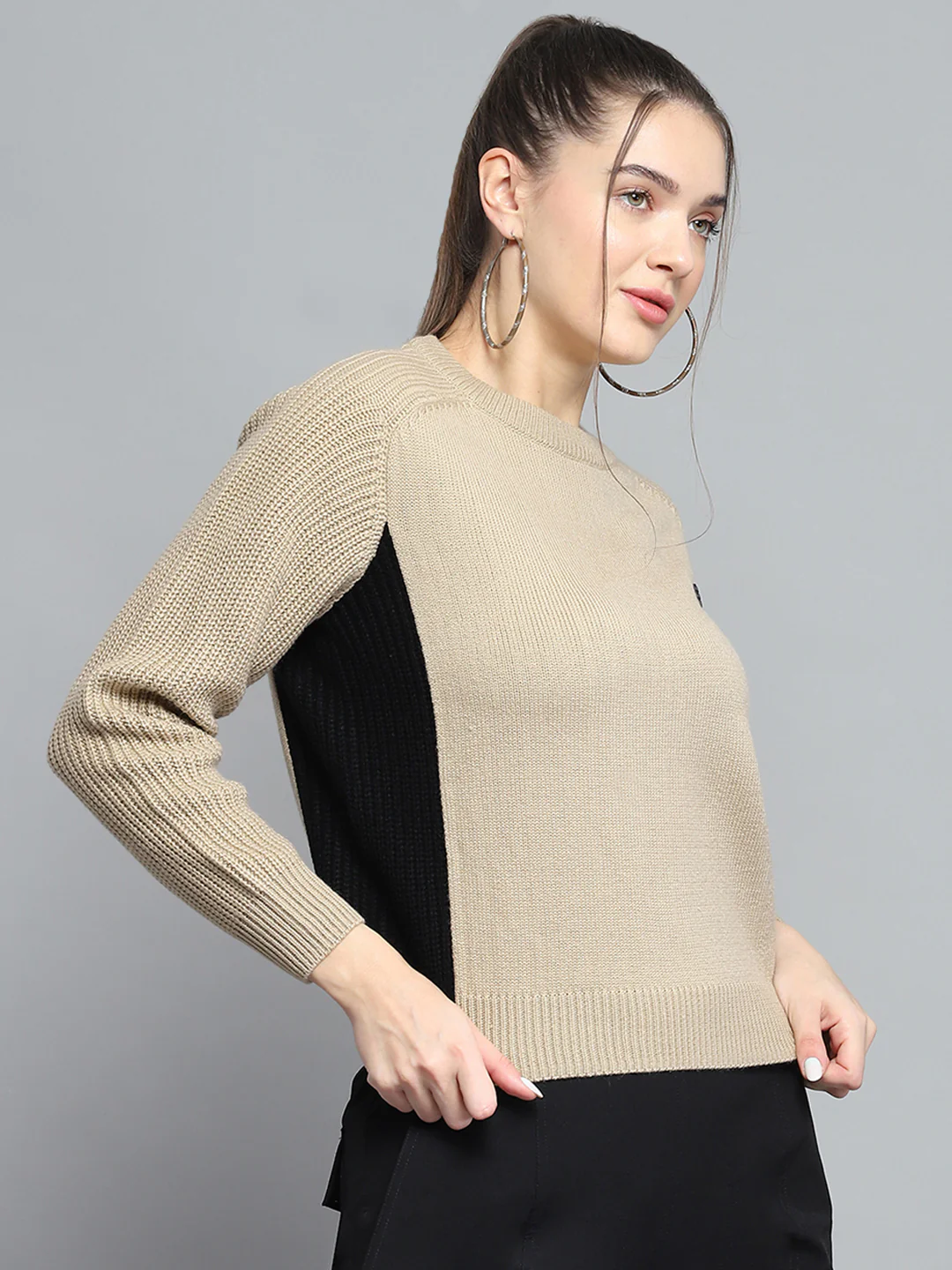 Rock.it Women Beige Solid Round Neck Full Sleeve Pullover - Image 4