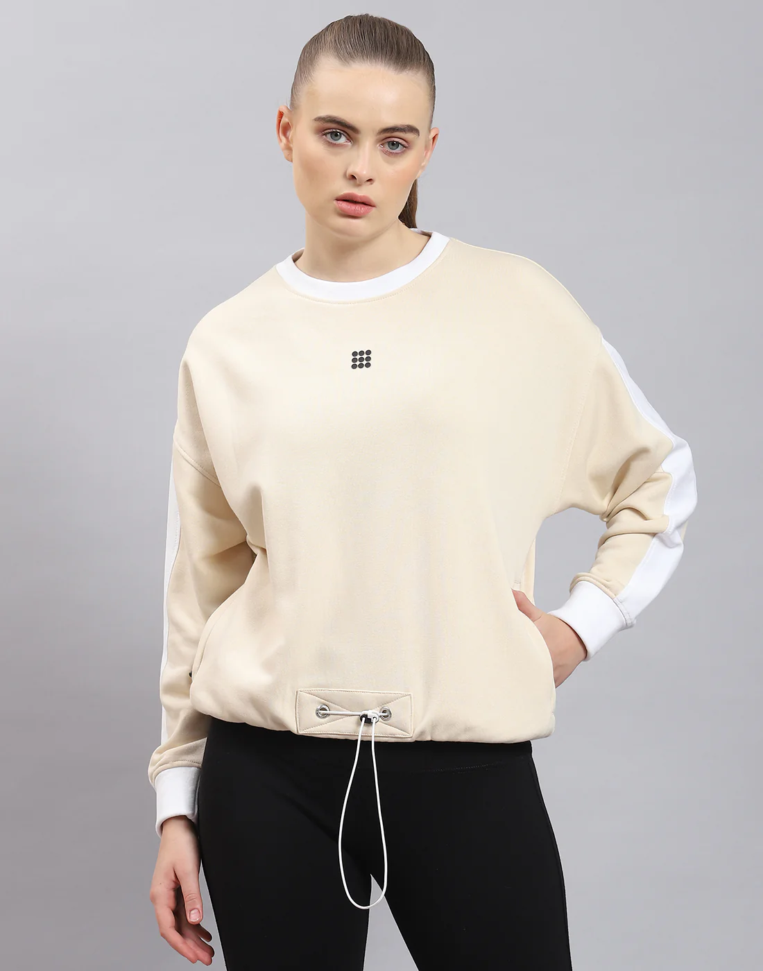 Rock.it Women Beige Solid Round Neck Full Sleeve Sweatshirt - Image 2