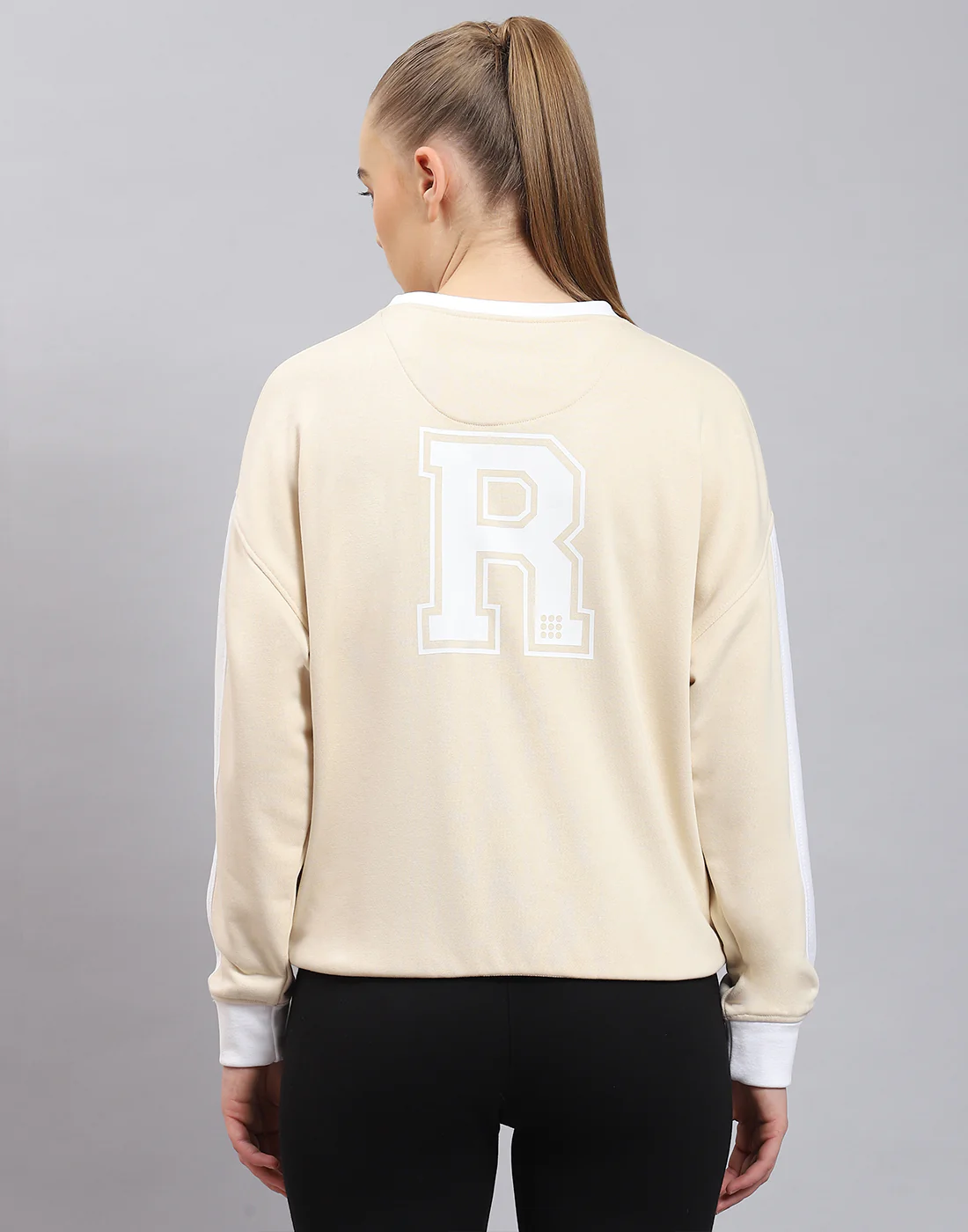 Rock.it Women Beige Solid Round Neck Full Sleeve Sweatshirt - Image 5