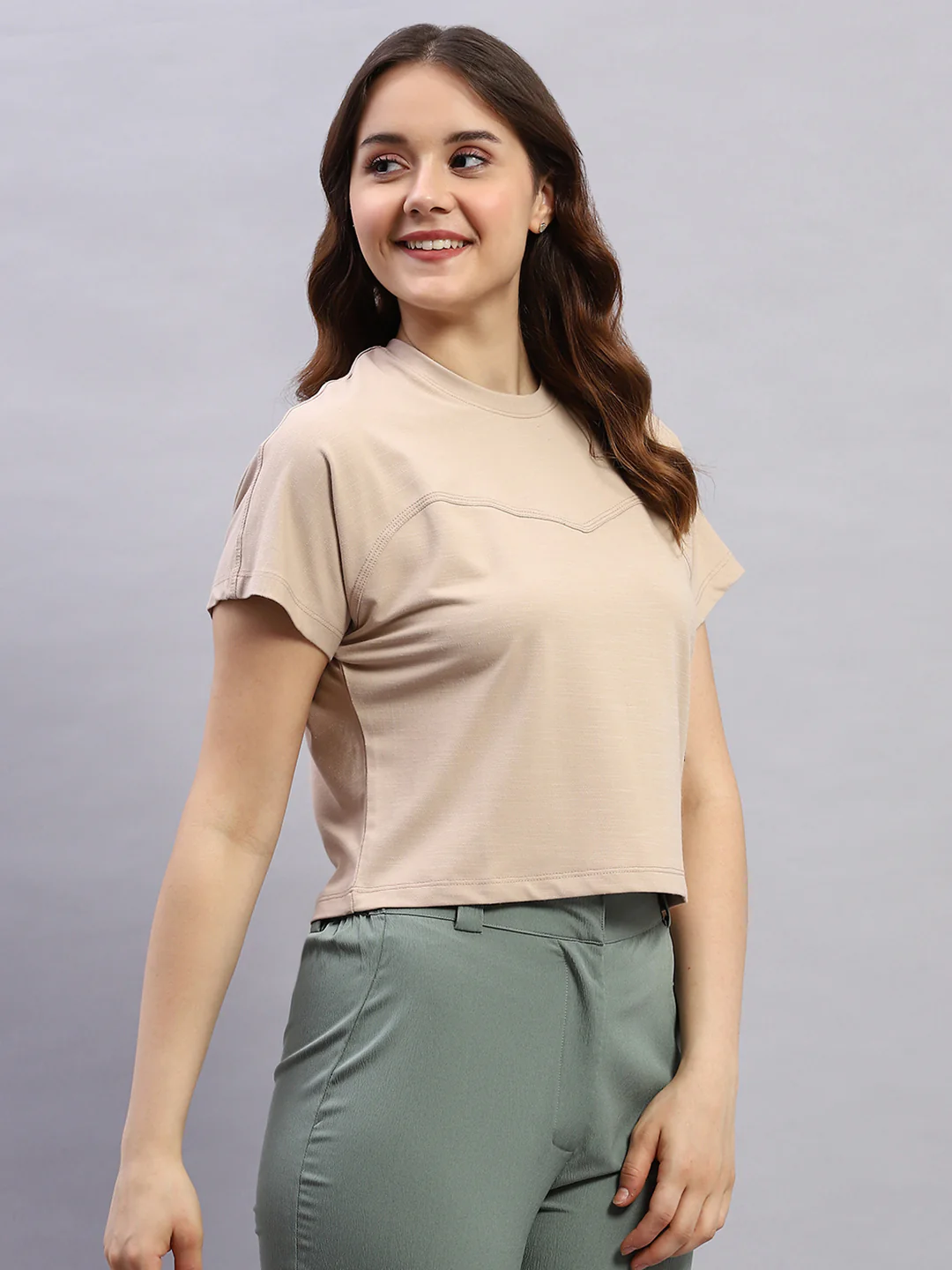 Rock.it Women Beige Solid Round Neck Half Sleeve Top - Image 4