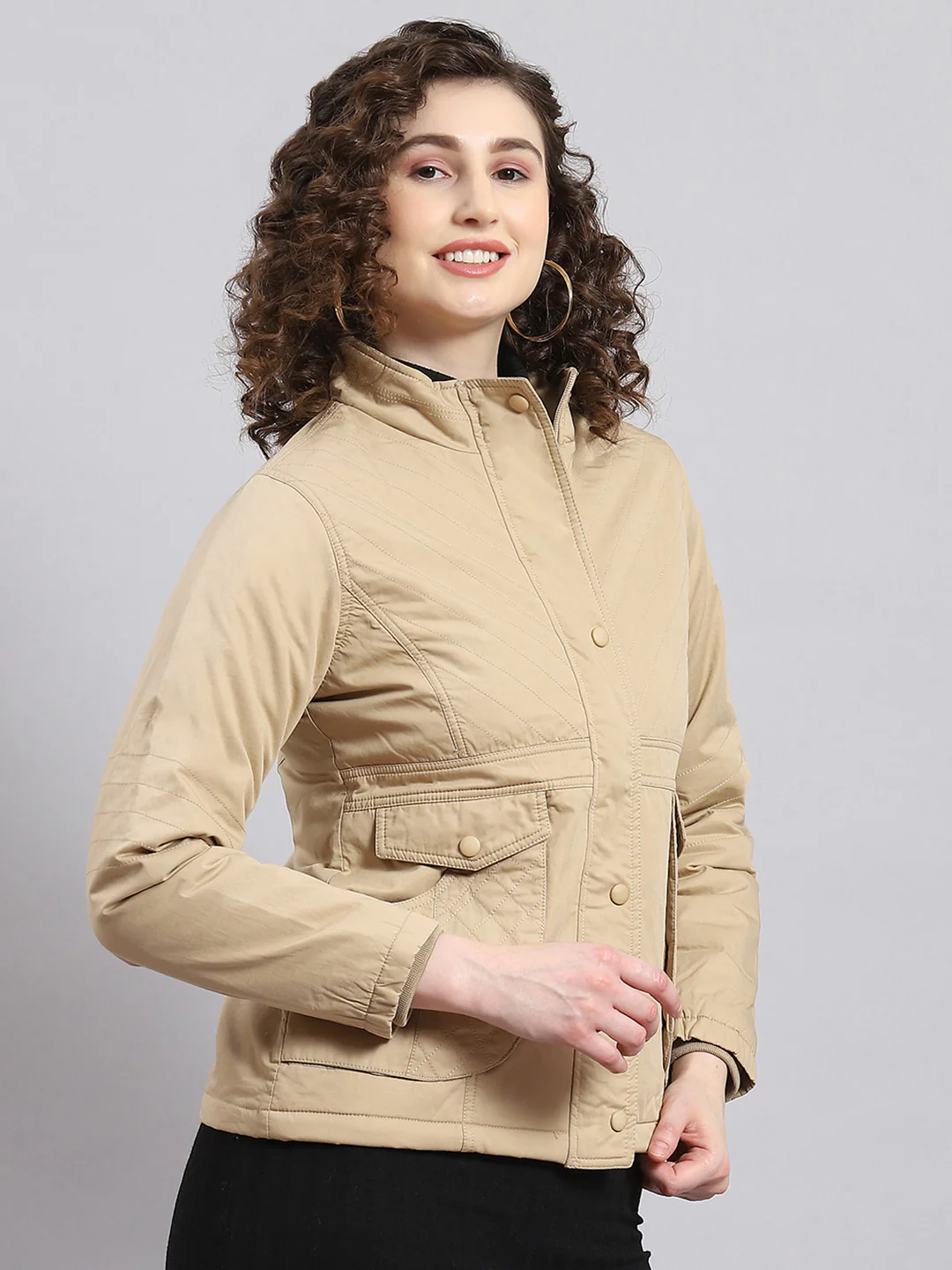 Women Beige Solid Stand Collar Full Sleeve Jacket - Image 3