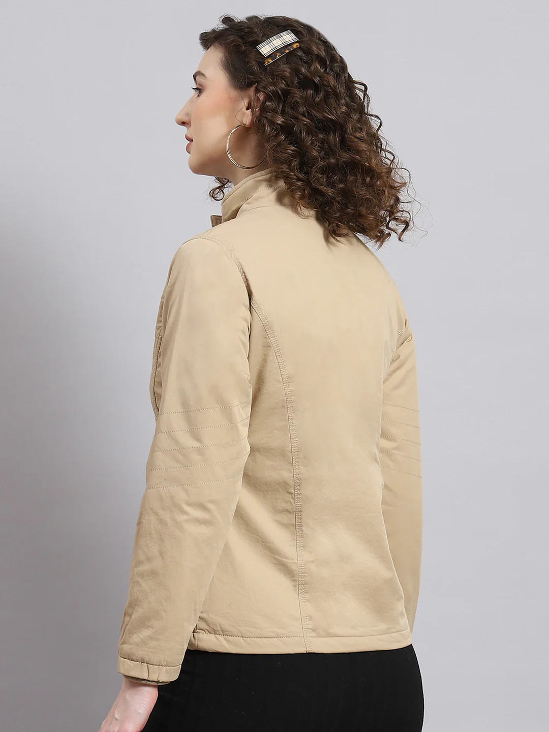Women Beige Solid Stand Collar Full Sleeve Jacket - Image 4