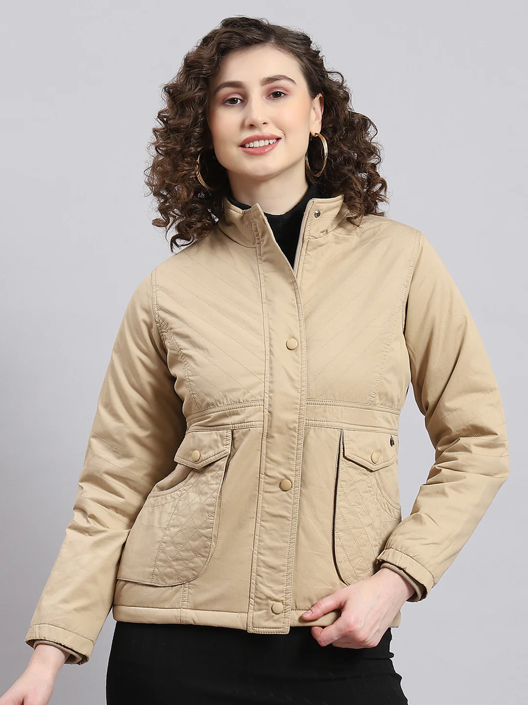 Women Beige Solid Stand Collar Full Sleeve Jacket - Image 5