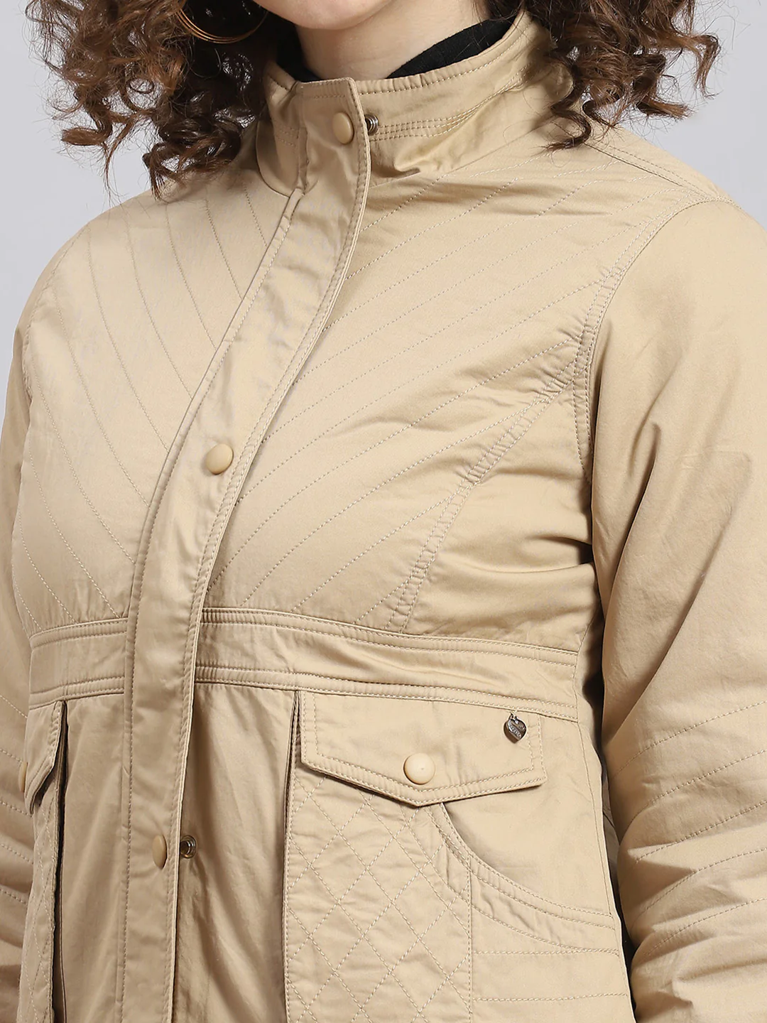 Women Beige Solid Stand Collar Full Sleeve Jacket - Image 6