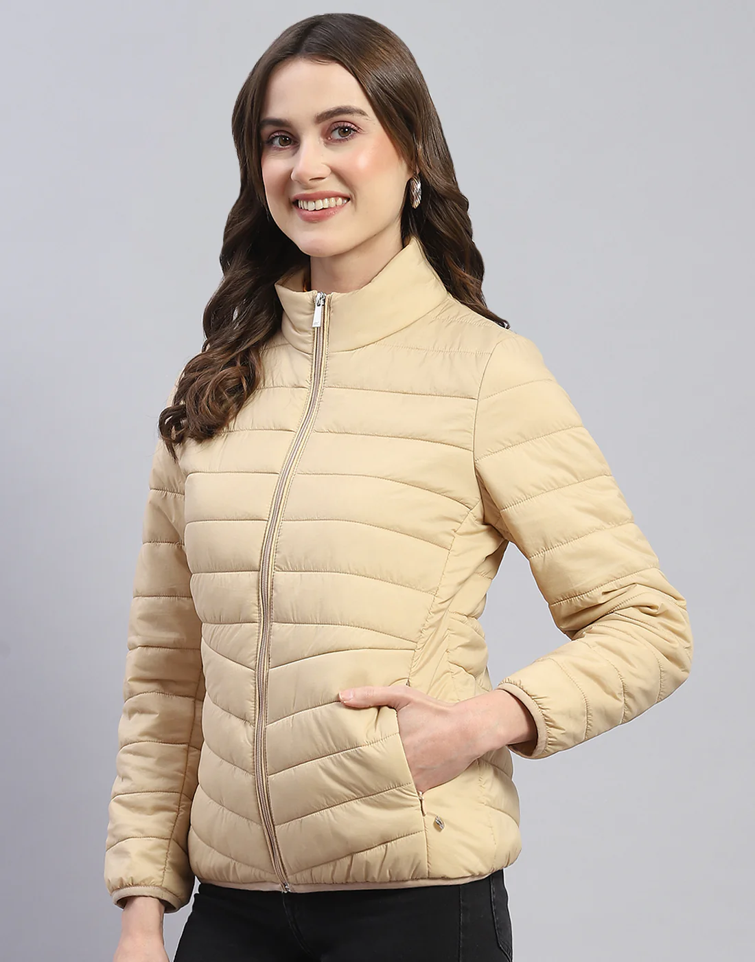 Women Beige Solid Stand Collar Full Sleeve Jacket - Image 3