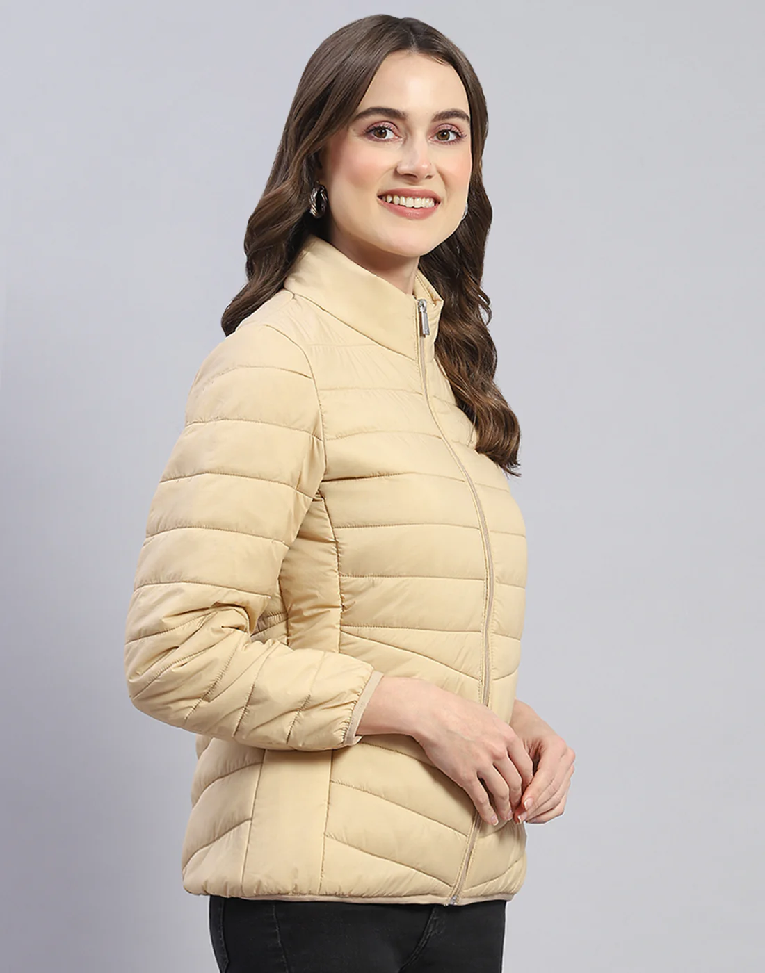 Women Beige Solid Stand Collar Full Sleeve Jacket - Image 4