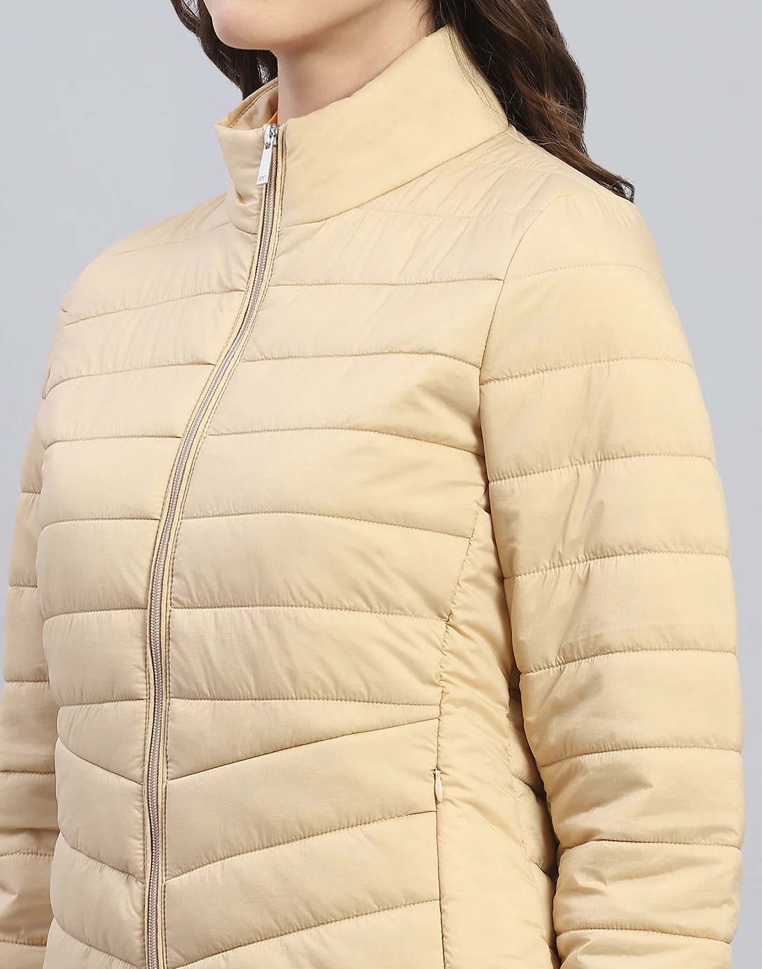 Women Beige Solid Stand Collar Full Sleeve Jacket - Image 6