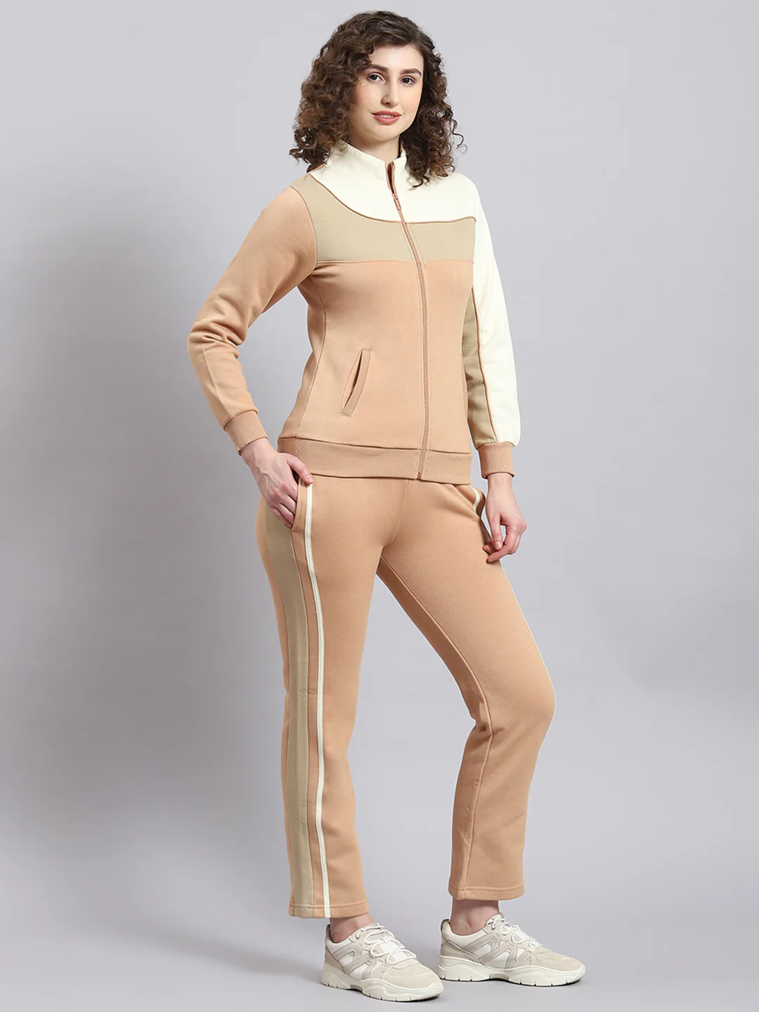 Women Beige Solid Stand Collar Full Sleeve Tracksuit - Image 3
