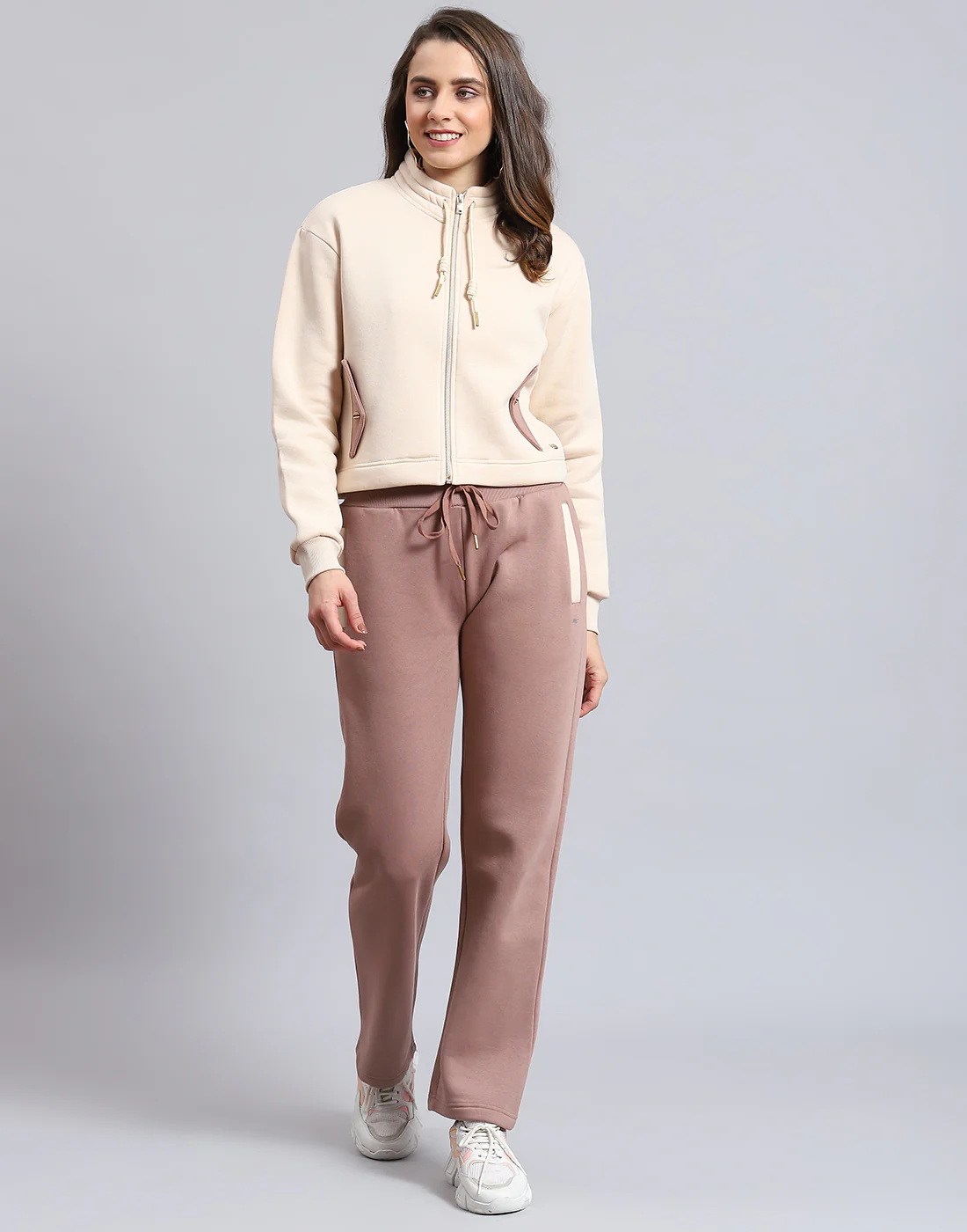Women Beige Solid Stand Collar Full Sleeve Tracksuit - Image 2