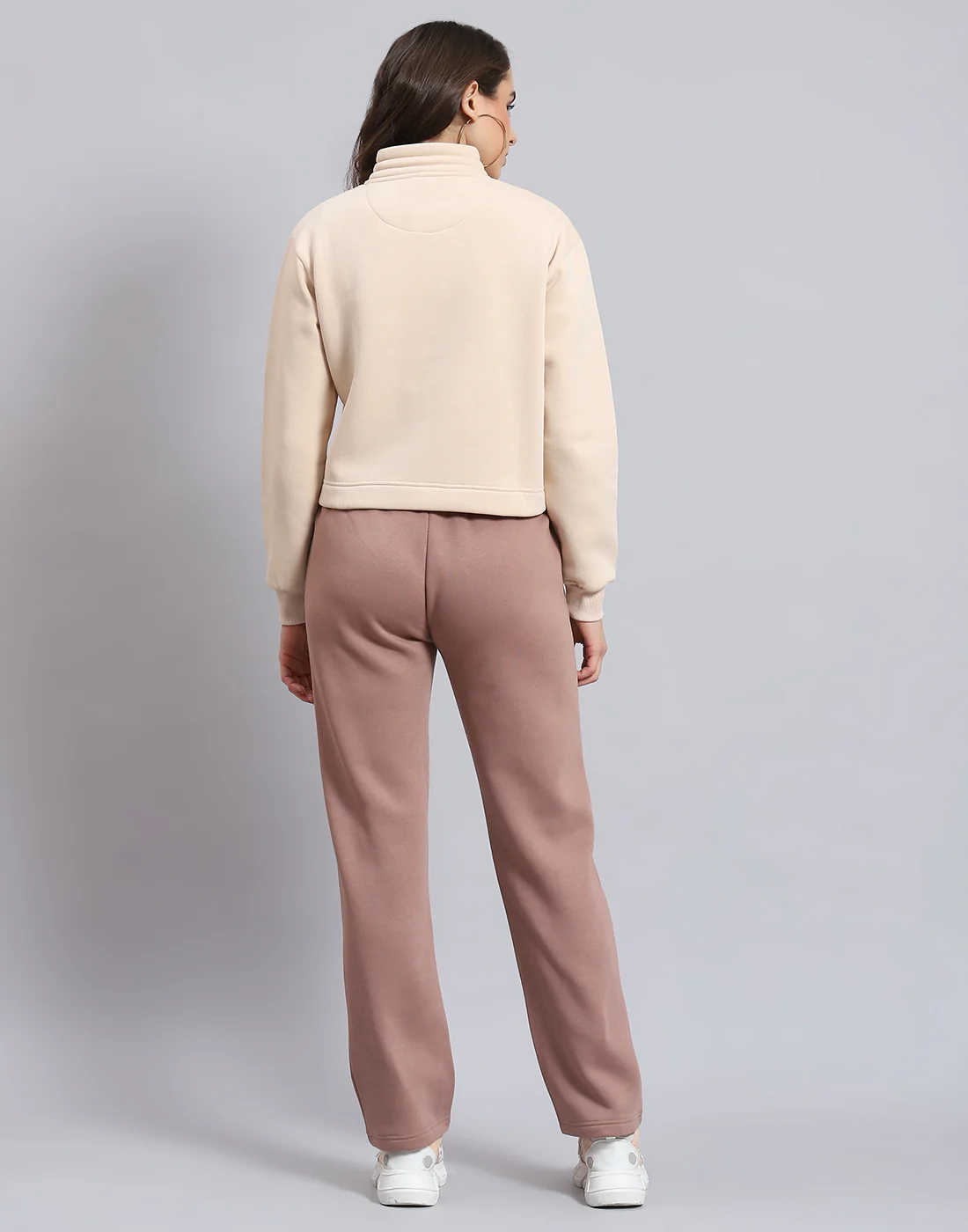 Women Beige Solid Stand Collar Full Sleeve Tracksuit - Image 6