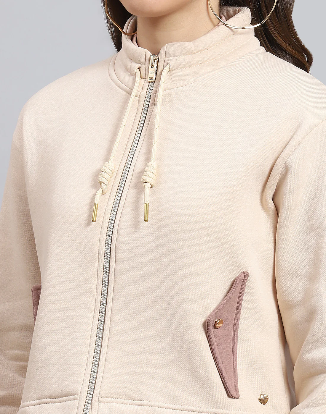 Women Beige Solid Stand Collar Full Sleeve Tracksuit - Image 8