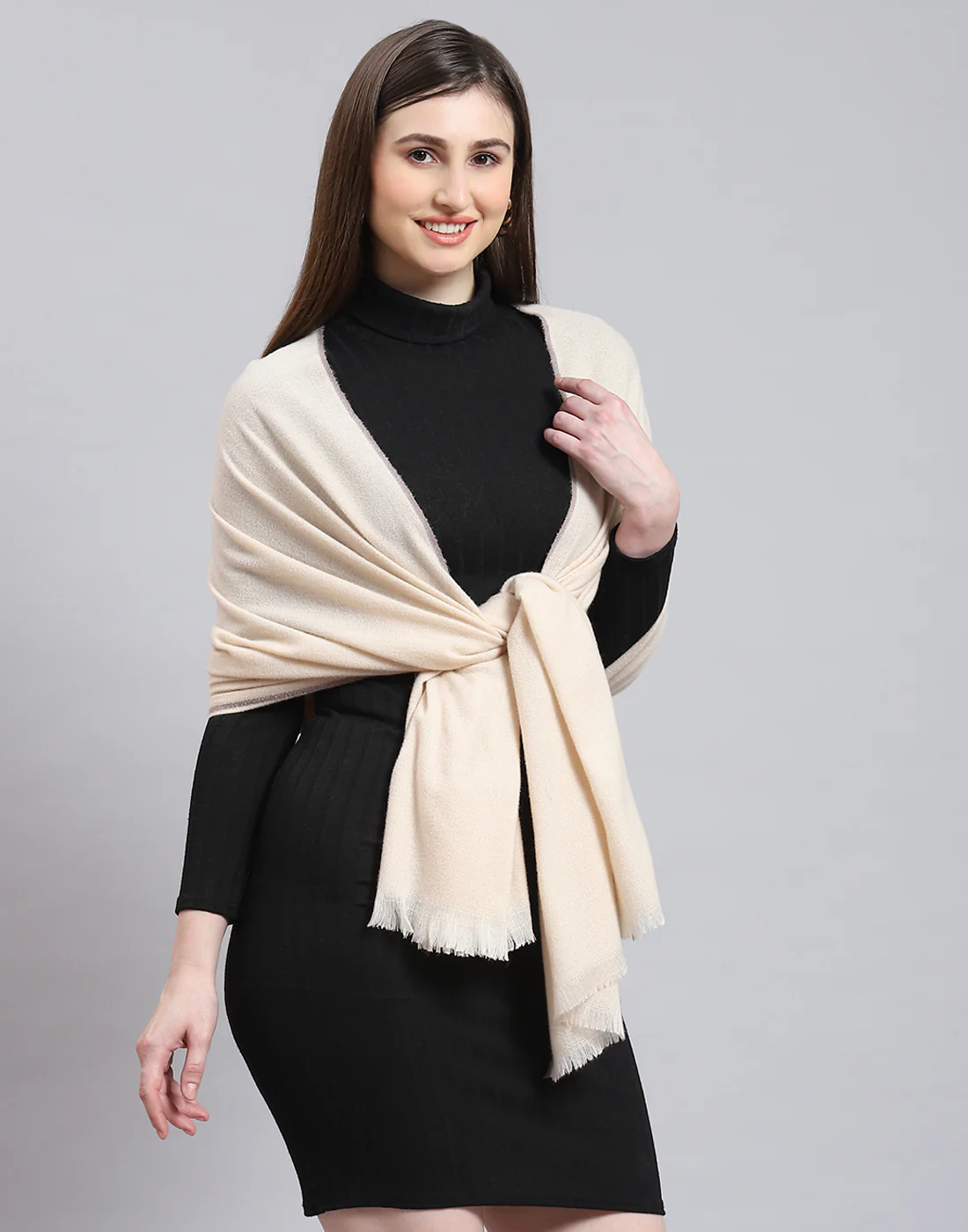 Women Beige Solid Stole - Image 5