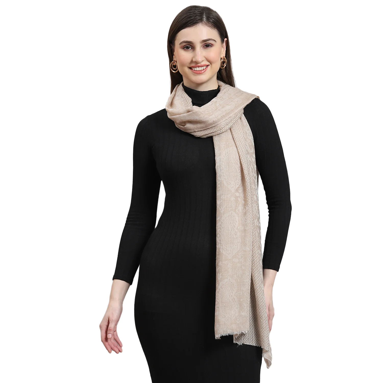 Women Beige Solid Stole - Image 5
