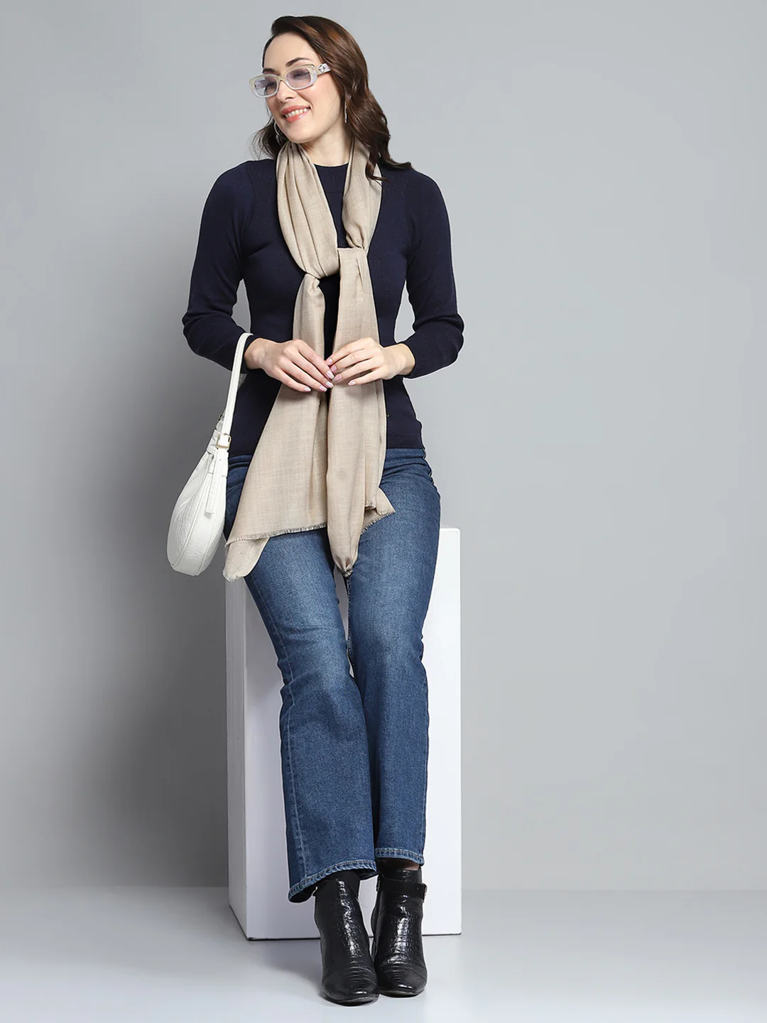 Women Beige Solid Stole - Image 2