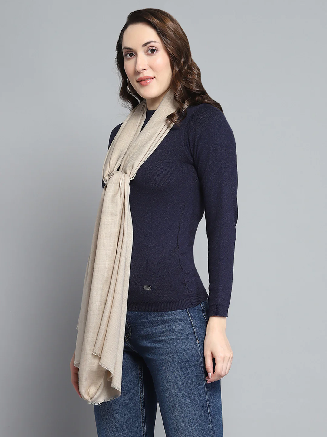 Women Beige Solid Stole - Image 4