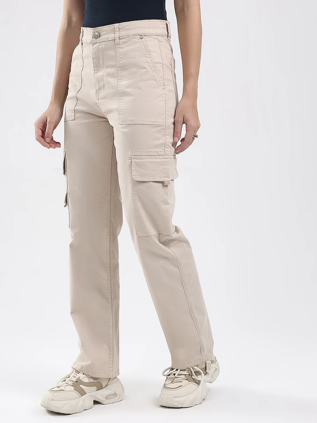 Women Beige Solid Straight Fit Cargo - Image 3