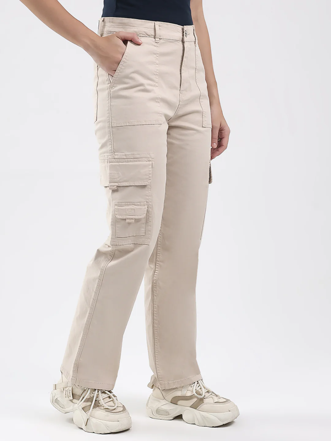 Women Beige Solid Straight Fit Cargo - Image 4