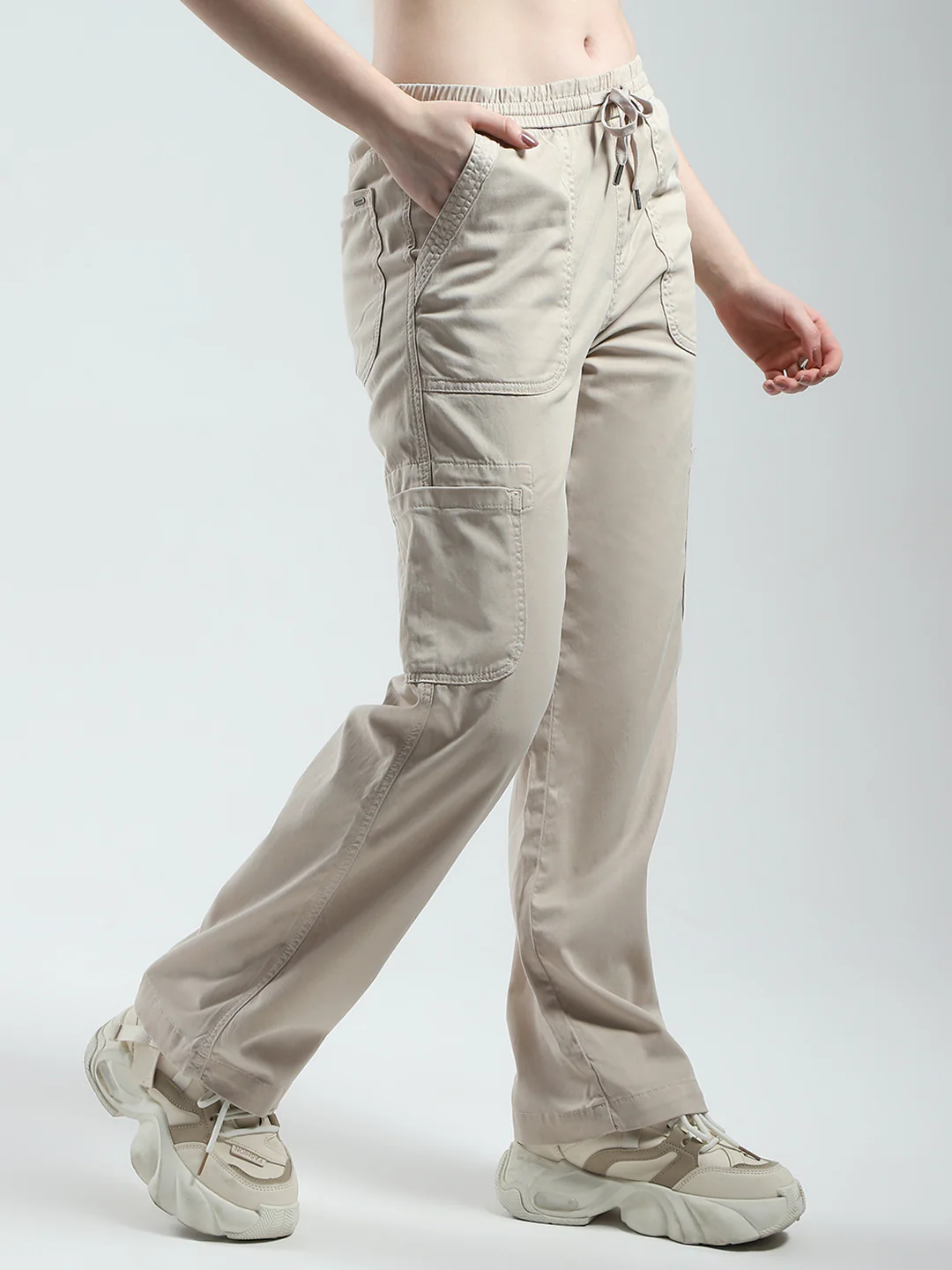 Women Beige Solid Straight Fit Cargo - Image 4