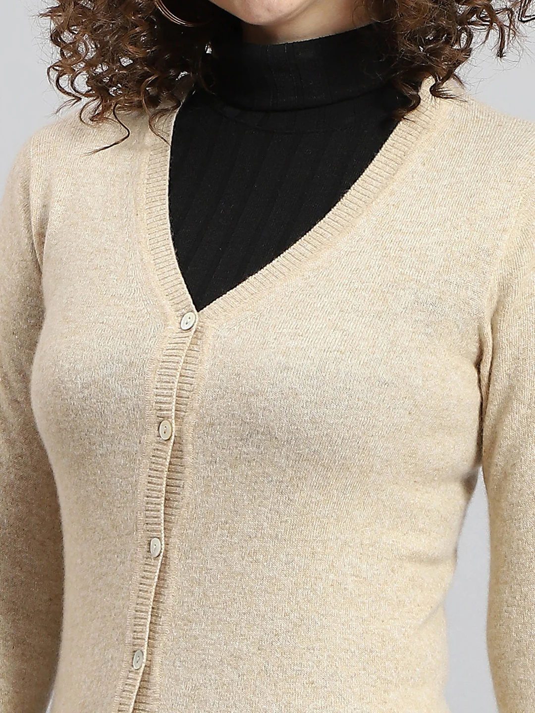 Women Beige Solid V Neck Full Sleeve Cardigan - Image 6