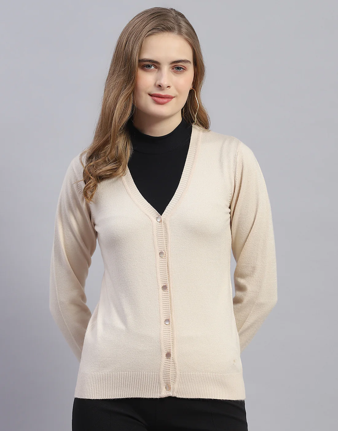 Women Beige Solid V Neck Full Sleeve Cardigan - Image 2