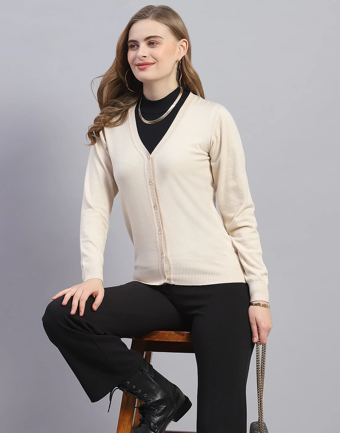 Women Beige Solid V Neck Full Sleeve Cardigan - Image 6