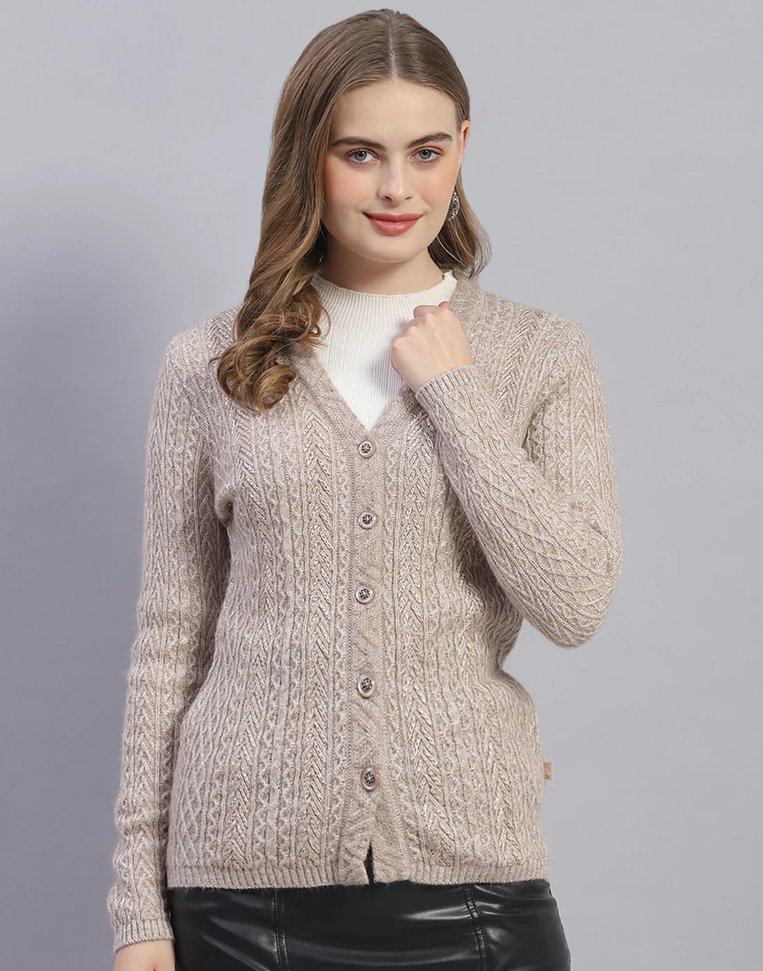 Women Beige Solid V Neck Full Sleeve Cardigan - Image 2
