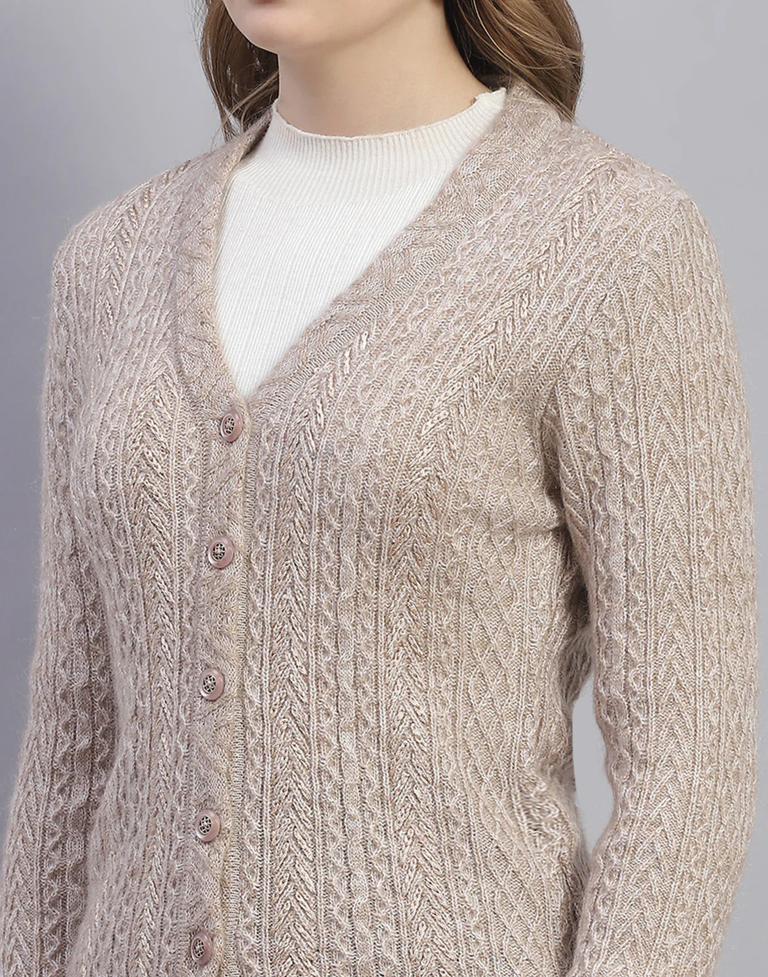 Women Beige Solid V Neck Full Sleeve Cardigan - Image 7