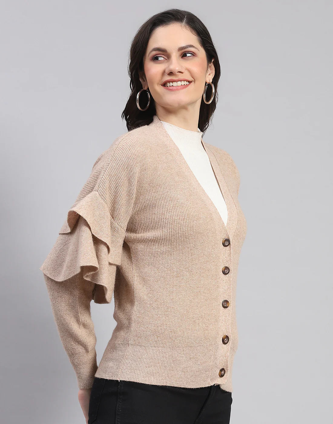 Women Beige Solid V Neck Full Sleeve Cardigan - Image 4