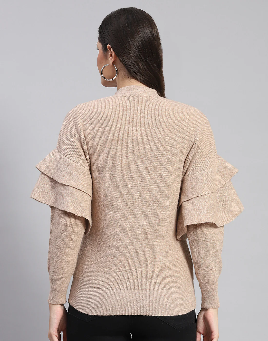 Women Beige Solid V Neck Full Sleeve Cardigan - Image 5